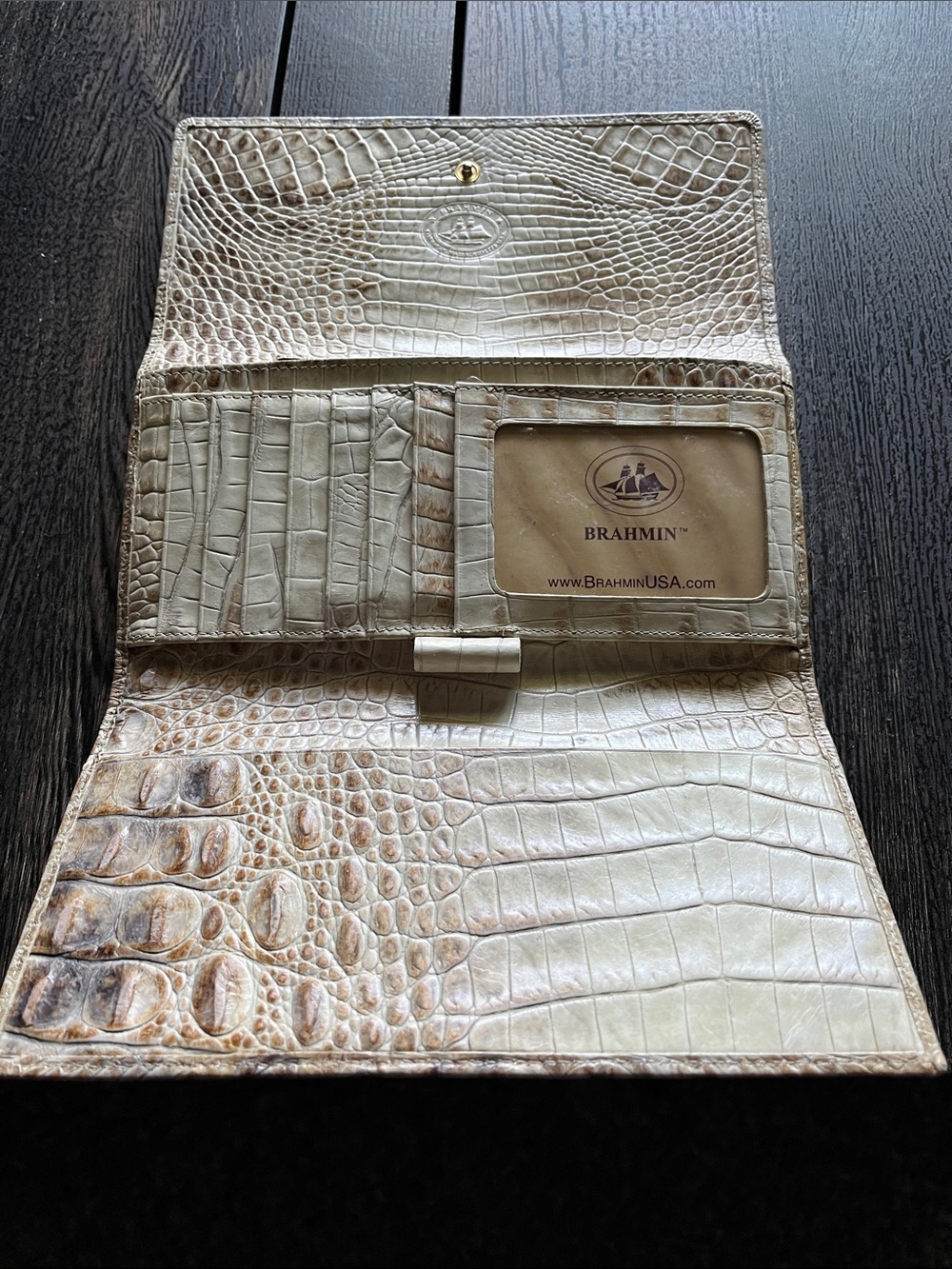 Brahmin Croc-Embossed Fold-Over Wallet in Light Taupe - Picture 2 of 3